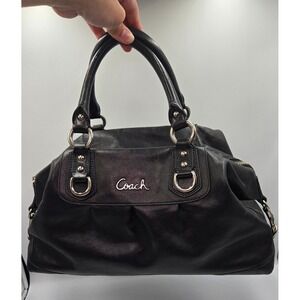 Coach Black Leather Satchel Handbag Purse Silver Hardware Purple Lining